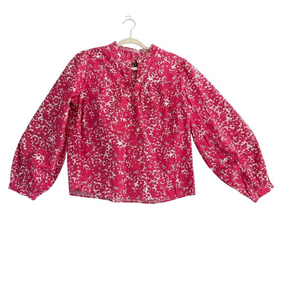 J. Crew Floral Button-Front Ruffle Neck Popover Blouse Top Women Small Pink - Picture 1 of 8